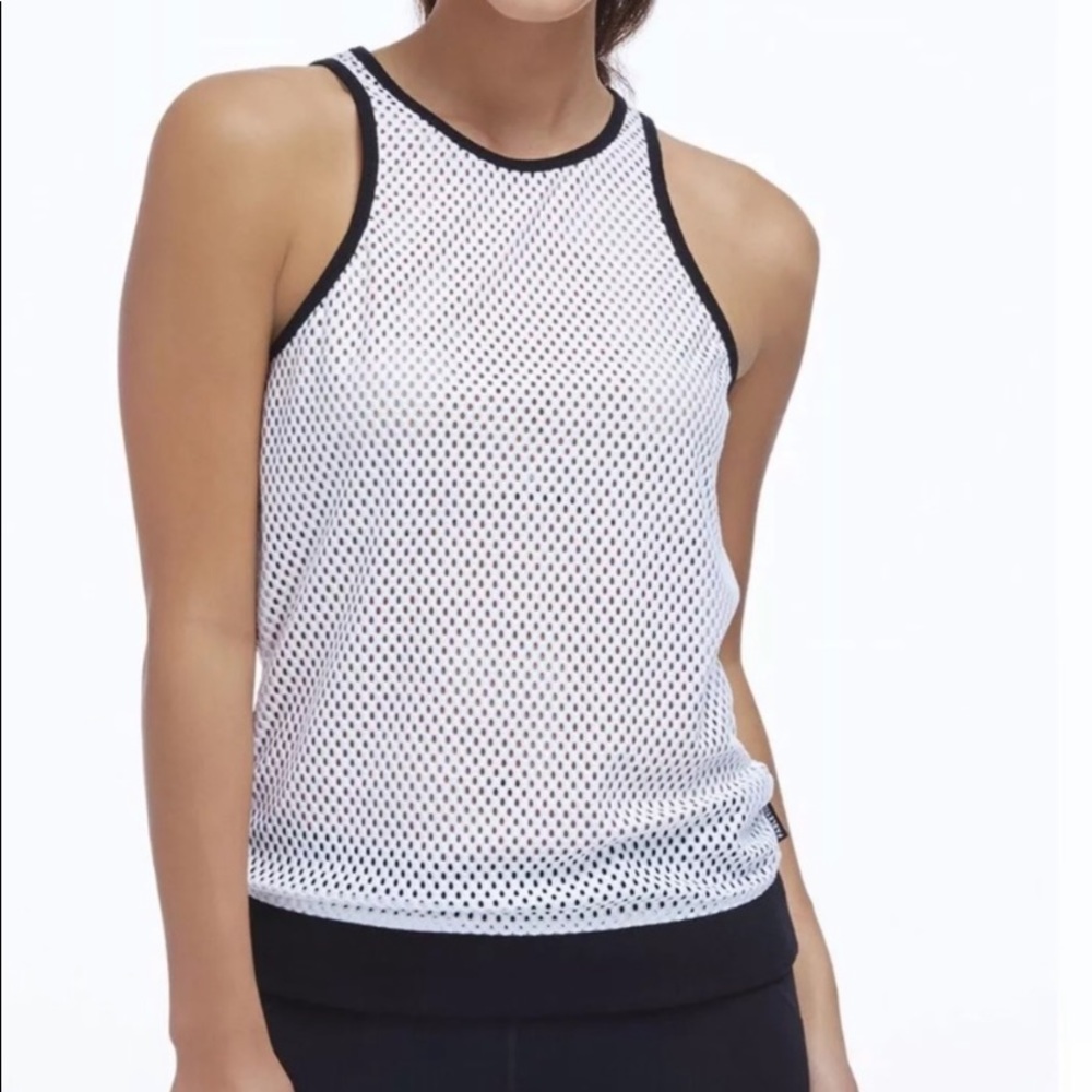 Fabletics Tank White Black Sleeveless Perforated Mesh Contrast Ribbed NWT XL